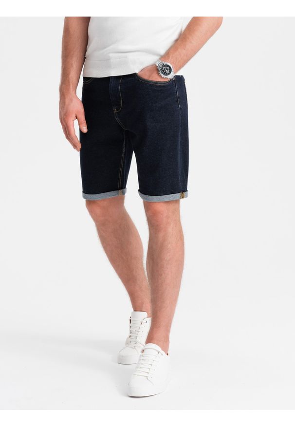 Ombre Clothing - Męskie szorty jeansowe z podwiniętymi nogawkami – granatowe V1 OM-SRDS-0134 - XXL. Okazja: na co dzień. Kolor: niebieski. Materiał: jeans. Długość: krótkie. Wzór: aplikacja, ze splotem. Sezon: lato. Styl: elegancki, casual