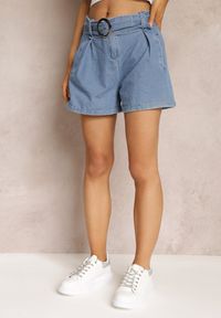 Renee - Granatowe Szorty High Waist z Bawełny Ozdobione Paskiem z Klamrą Dasslina. Stan: podwyższony. Kolor: niebieski. Materiał: bawełna. Wzór: aplikacja #4
