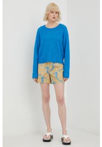 Samsoe & Samsoe - Samsoe Samsoe sweter z domieszką wełny damski lekki. Kolor: niebieski. Materiał: wełna. Długość rękawa: raglanowy rękaw. Wzór: gładki