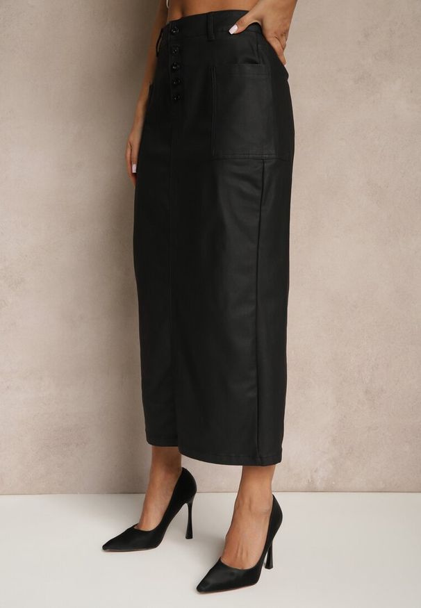 Renee - Czarna Ołówkowa Spódnica Midi High Waist z Ekoskóry Adaulfo. Stan: podwyższony. Kolor: czarny. Sezon: zima