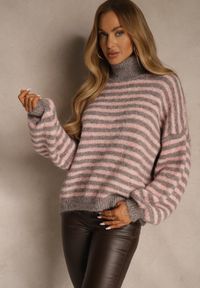 Renee - Szaro-Różowy Golf z Dodatkiem Wełny Ozdobiony Paskami Monarria. Okazja: na co dzień. Typ kołnierza: golf. Kolor: szary. Materiał: wełna. Wzór: aplikacja. Styl: casual, elegancki #2