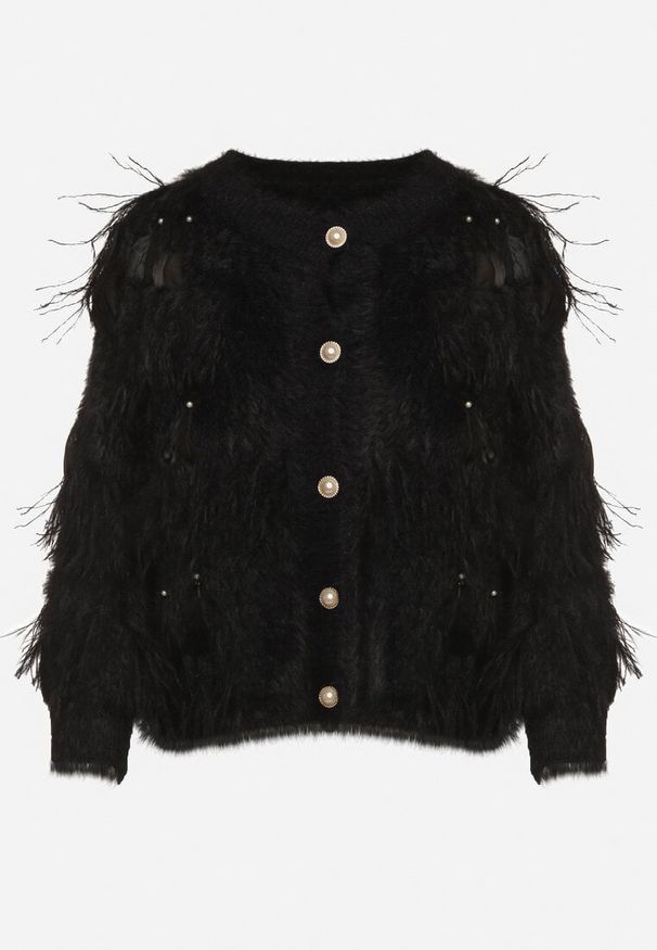 Born2be - Czarny Kardigan z Wełną o Fakturze Imitującej Pióra z Ozdobnymi Guzikami Mevinalia. Okazja: na co dzień, do pracy, na spotkanie biznesowe. Kolor: czarny. Materiał: wełna. Wzór: aplikacja. Sezon: zima, jesień. Styl: biznesowy, klasyczny, casual, elegancki