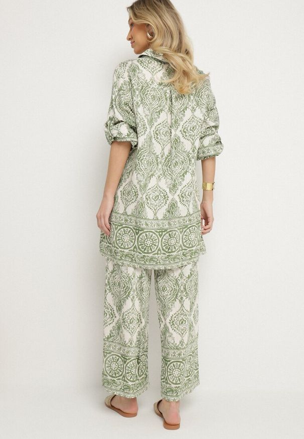 Born2be - Zielony Komplet Oversize z Wiskozą w Etniczny Wzór Szerokie Spodnie i Koszula Nilamiella. Kolor: zielony. Materiał: wiskoza