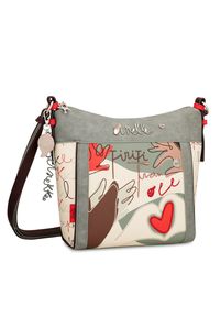Szara Torebka Anekke Stylowa Listonoszka Damska. Kolor: szary. Wzór: napisy, aplikacja, haft. Dodatki: z haftem. Styl: elegancki. Rodzaj torebki: na ramię #8