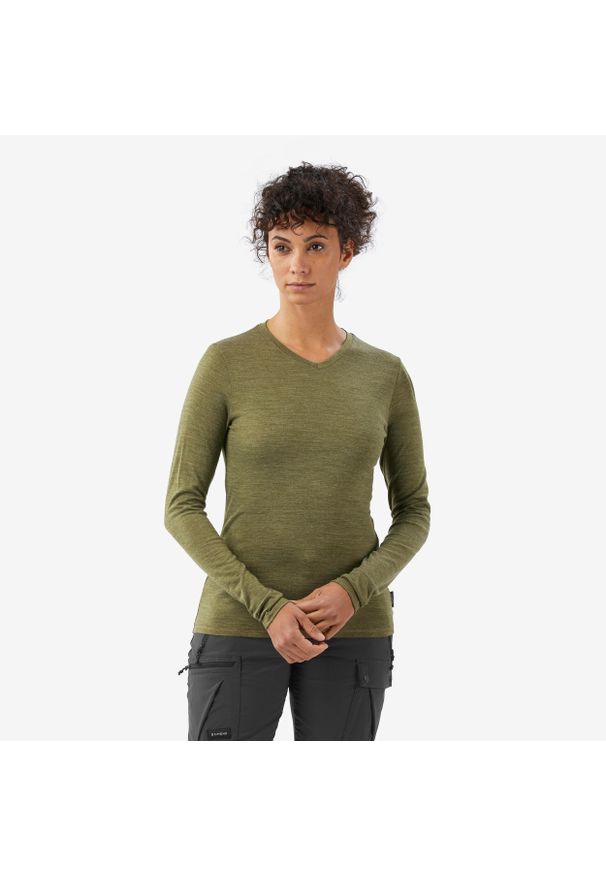 SIMOND - Koszulka trekkingowa damska Simond Travel 100 Merino Fresh. Kolor: zielony, brązowy, wielokolorowy. Materiał: wełna, materiał, akryl. Sport: turystyka piesza