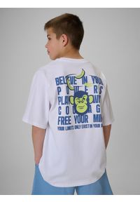 4f - 4F T-shirt loose z nadrukiem chłopięcy - biały 134/140 (8-10 lat). Okazja: na uczelnię, na co dzień, na spacer. Kolor: biały. Materiał: bawełna, dzianina. Wzór: nadruk. Sezon: lato. Styl: casual #1