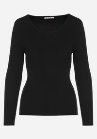Born2be - Czarny Dopasowany Sweter z Prążkowanej Dzianiny z Bawełną z Dekoltem w Serek Tesma. Okazja: na co dzień. Typ kołnierza: dekolt w serek. Kolor: czarny. Materiał: dzianina, bawełna, prążkowany. Długość rękawa: długi rękaw. Długość: długie. Styl: casual, elegancki