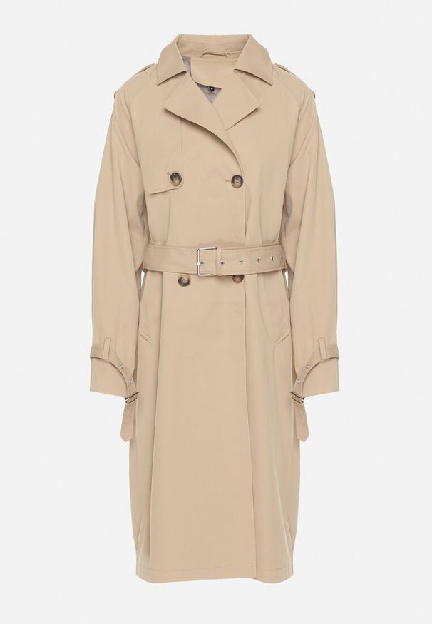 Born2be - Ciemnobeżowy Płaszcz Dwurzędowy Trencz Ozdobiony Paskiem i Pagonami Malwissa. Okazja: na co dzień. Kolor: beżowy. Materiał: jeans. Wzór: aplikacja. Sezon: wiosna, jesień. Styl: casual, elegancki