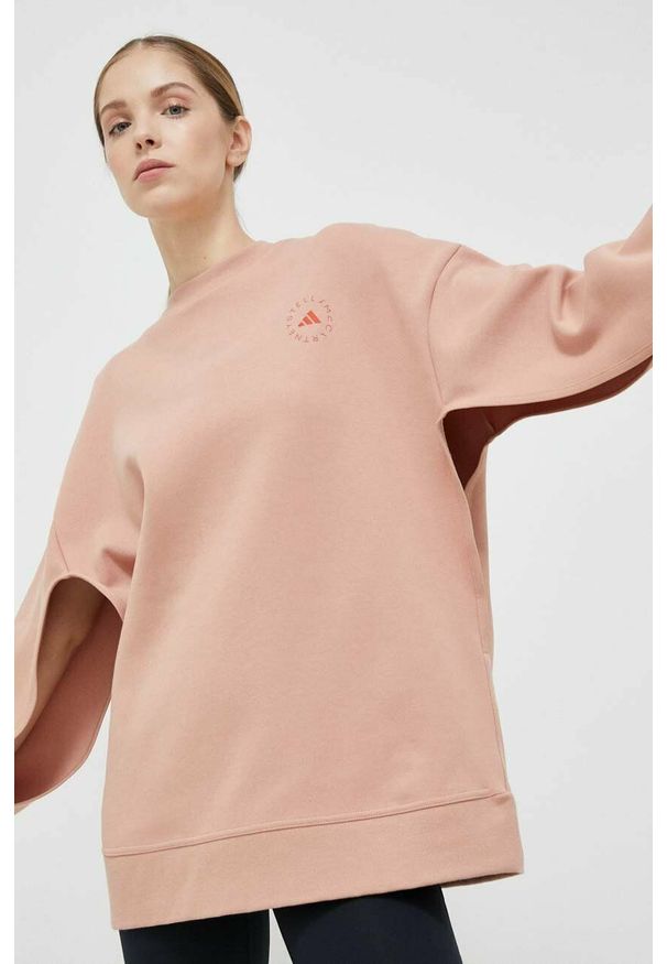 Adidas by Stella McCartney - adidas by Stella McCartney bluza dresowa kolor pomarańczowy gładka. Kolor: pomarańczowy. Materiał: dresówka. Wzór: gładki