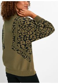 Przyjazny dla środowiska sweter z połyskującymi kamieniami bonprix zielony khaki - czarny wzorzysty. Kolor: zielony. Materiał: materiał, poliester, poliamid #5