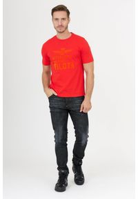 Aeronautica Militare - AERONAUTICA MILITARE Pomarańczowy bawełniny t-shirt męski z aksamitnym logo, Rozmiar M. Kolor: pomarańczowy