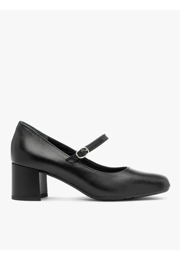 Ryłko - Czarne czółenka z paskiem. Nosek buta: okrągły. Zapięcie: pasek. Kolor: czarny. Materiał: skóra. Szerokość cholewki: normalna. Obcas: na obcasie. Styl: street. Wysokość obcasa: średni