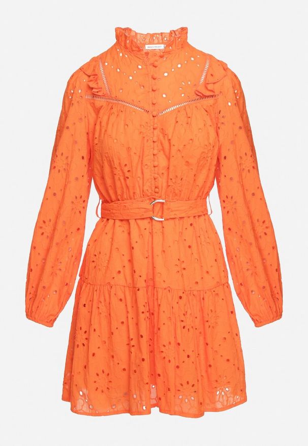 Born2be - Pomarańczowa Haftowana Sukienka Mini z Bawełny z Paskiem i Ażurowym Wzorem Aislina. Typ kołnierza: kołnierz z falbankami. Kolor: pomarańczowy. Materiał: bawełna. Wzór: haft, ażurowy. Sezon: wiosna, lato. Długość: mini