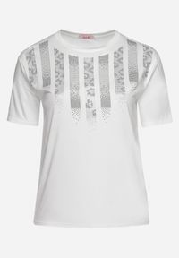 Born2be - Biały T-shirt z Nadrukiem i Cyrkoniami Moarinas. Okazja: na co dzień. Kolor: biały. Materiał: jeans, materiał. Wzór: nadruk. Styl: klasyczny, casual, elegancki #3