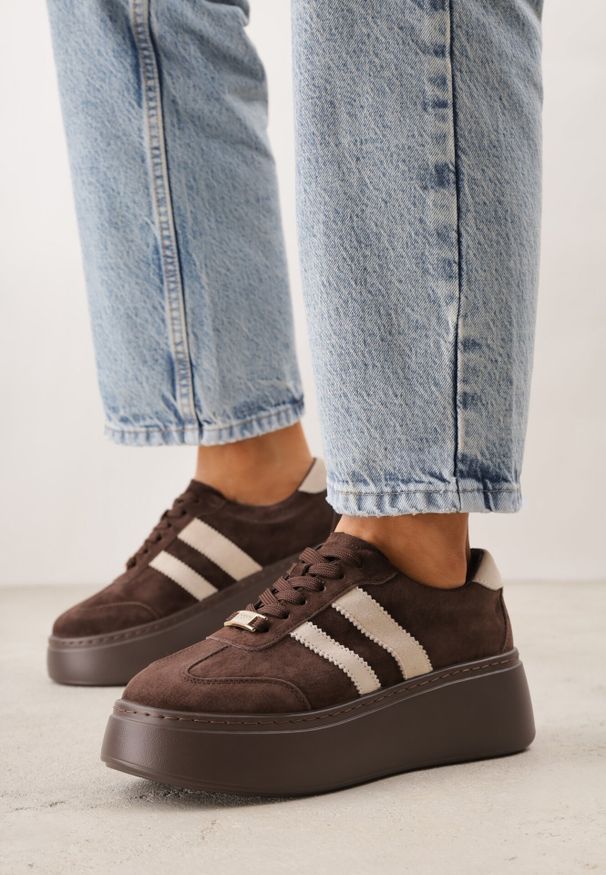 Born2be - Ciemnobrązowe Skórzane Sneakersy na Grubej Podeszwie z Geometrycznym Wzorem Rivimi. Okazja: na co dzień. Kolor: brązowy. Materiał: skóra. Wzór: geometria