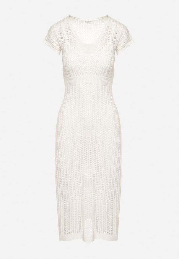 Born2be - Biała Ażurowa Sukienka z Krótkim Rękawem i Halką Zeliana. Kolor: biały. Materiał: jeans. Długość rękawa: krótki rękaw. Wzór: ażurowy. Styl: wizytowy, elegancki