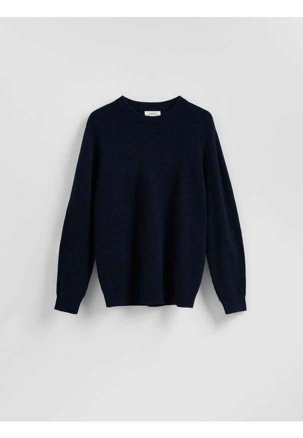 Reserved - Sweter z wełną - granatowy. Kolor: niebieski. Materiał: wełna