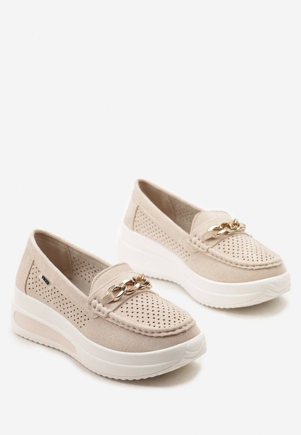 Born2be - Beżowe Mokasyny z Łańcuszkiem i Platformą Grimenna. Kolor: beżowy. Materiał: jeans. Sezon: wiosna. Obcas: na platformie. Styl: elegancki