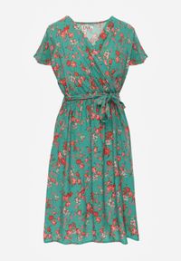 Renee - Zielona Wiskozowa Sukienka Midi w Kwiaty z Gumką w Pasie i Materiałowym Paskiem Aidenia. Kolor: zielony. Materiał: wiskoza, materiał. Wzór: kwiaty. Typ sukienki: kopertowe. Długość: midi #7