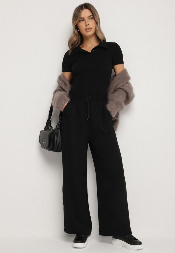 Born2be - Czarne Spodnie z Wiskozą o Szerokim Kroju ze Ściągaczem w Talii Lavirre. Okazja: na co dzień. Kolor: czarny. Materiał: wiskoza. Styl: wizytowy, klasyczny, casual