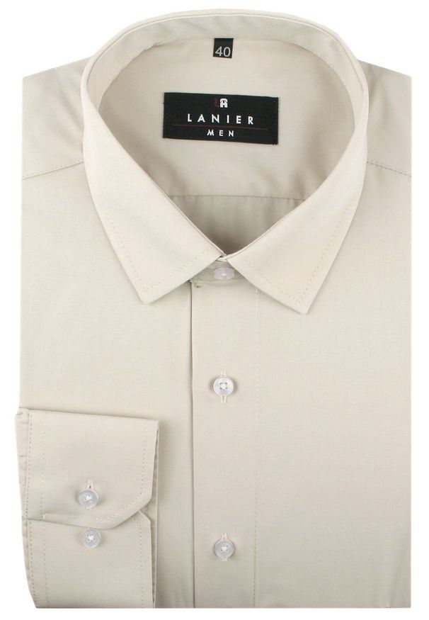 Delikatnie Wyszczuplana (Slim) Męska Koszula - Lanier - Beżowa. Kolor: brązowy, beżowy, wielokolorowy. Materiał: poliester, bawełna. Styl: sportowy, klasyczny