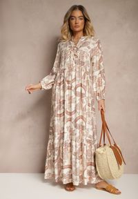 Renee - Pomarańczowa Rozkloszowana Sukienka z Wiskozą Wiązana przy Dekolcie w Roślinny Print Koriselle. Okazja: na co dzień. Typ kołnierza: dekolt w serek. Kolor: pomarańczowy. Materiał: wiskoza. Wzór: nadruk. Styl: elegancki, casual