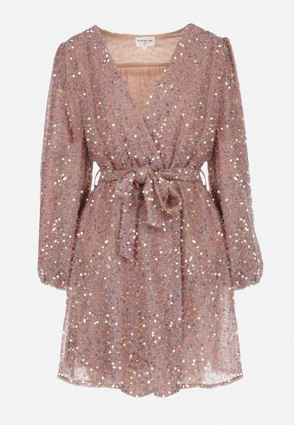 Born2be - Różowa Sukienka Cekinowa z Kopertowym Dekoltem Cidoly. Okazja: na co dzień. Typ kołnierza: dekolt kopertowy. Kolor: różowy. Typ sukienki: kopertowe. Styl: casual, rockowy, elegancki