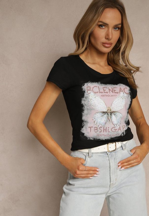 Renee - Czarny T-shirt z Bawełny Ozdobiony Cyrkoniami i Motylem Uliadwena. Okazja: na co dzień. Kolor: czarny. Materiał: bawełna. Wzór: aplikacja. Styl: klasyczny, sportowy, casual