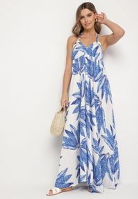 Born2be - Niebieska Wiskozowa Sukienka z Motywem Liści Siloressa. Okazja: na co dzień. Kolor: niebieski. Materiał: wiskoza. Sezon: lato. Styl: casual, elegancki #7