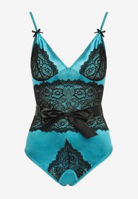 Renee - Niebiesko-Czarne Koronkowe Body ze Stringami z Paskiem w Talii Azuran. Kolor: niebieski. Materiał: koronka. Wzór: aplikacja, koronka