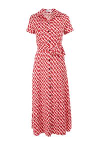 Born2be - Czerwona Sukienka Alethanthei. Okazja: na co dzień. Kolor: czerwony. Materiał: materiał. Długość rękawa: krótki rękaw. Wzór: geometria, aplikacja, nadruk. Typ sukienki: szmizjerki. Styl: casual, elegancki. Długość: midi #6