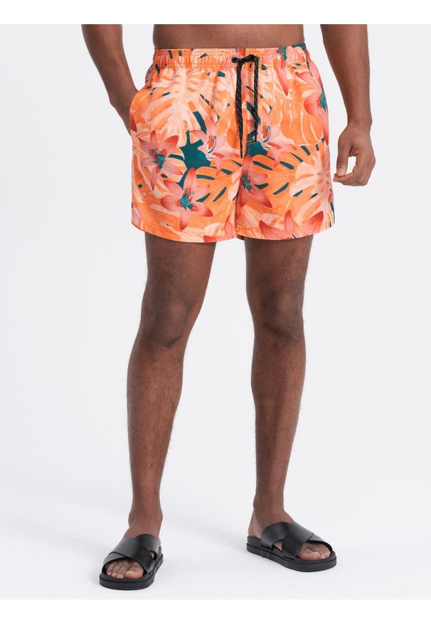 Ombre Clothing - Szorty męskie kąpielówki w motyw roślinny - pomarańczowe V5 - Rozmiar: XL. Okazja: na plażę. Kolor: pomarańczowy. Materiał: poliester, materiał