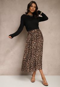 Renee - Beżowa Rozkloszowana Spódnica z Wiskozy w Panterkę High Waist z Gumką w Talii Vimashira. Okazja: na spacer. Stan: podwyższony. Kolor: beżowy. Materiał: wiskoza. Wzór: motyw zwierzęcy. Sezon: lato #3