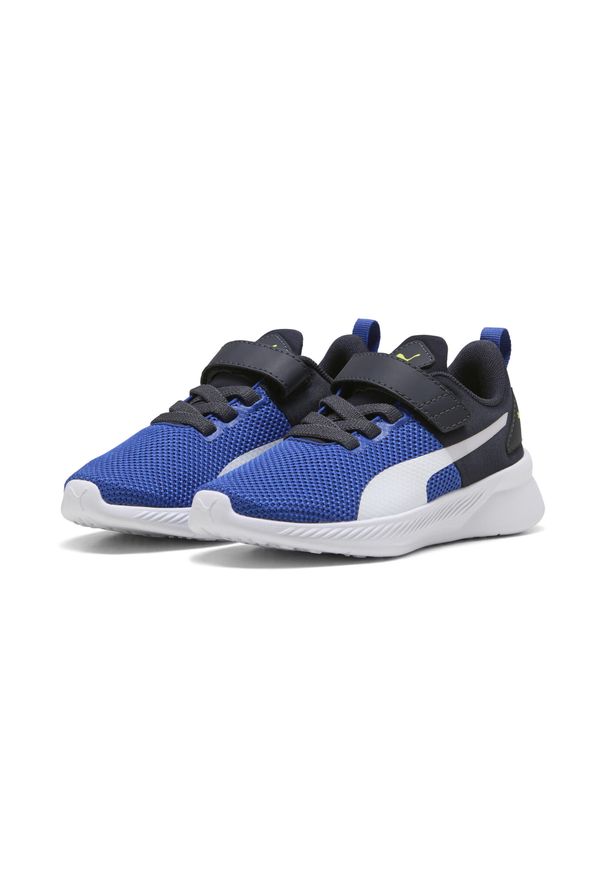Puma - Dziecięce buty sportowe Flyer Runner V PUMA Vivid Blue New Navy White. Zapięcie: rzepy. Kolor: niebieski, wielokolorowy, biały. Materiał: syntetyk, tkanina, materiał. Szerokość cholewki: normalna. Sport: bieganie, turystyka piesza