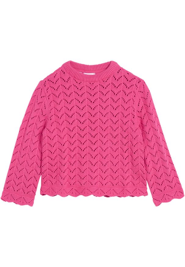 bonprix - Sweter dziewczęcy ażurowy. Kolor: różowy. Wzór: ażurowy