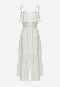 Born2be - Biały Kombinezon na Ramiączkach z Haftowanym Wzorem i Falbanką Elinva. Kolor: biały. Materiał: tkanina. Długość rękawa: na ramiączkach. Wzór: haft #2