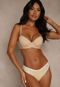 Renee - Beżowy Gładki Biustonosz o Klasycznym Fasonie Amanei. Kolor: beżowy. Wzór: gładki #5