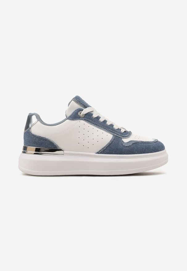 Renee - Biało-Niebieskie Sznurowane Sneakersy z Ozdobnymi Wstawkami z Cyrkoniami i Grubą Podeszwą Maellie. Nosek buta: okrągły. Zapięcie: sznurówki. Kolor: biały. Materiał: materiał. Obcas: na obcasie. Wysokość obcasa: niski