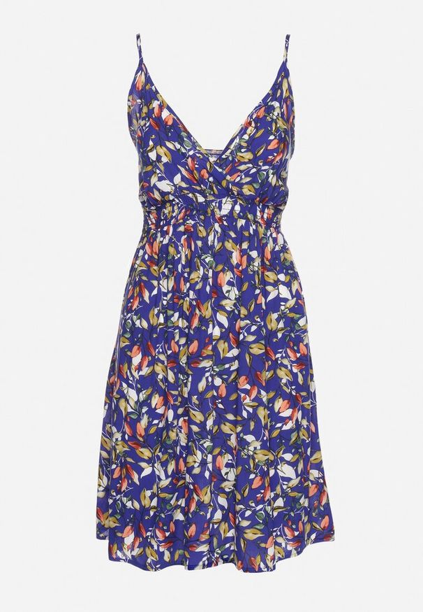 Born2be - Granatowa Bawełniana Sukienka na Regulowanych Ramiączkach z Gumką w Talii Dimitssa. Okazja: na spacer, na imprezę. Typ kołnierza: dekolt w kształcie V. Kolor: niebieski. Materiał: bawełna. Długość rękawa: na ramiączkach. Sezon: lato. Styl: elegancki