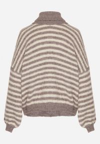 Born2be - Szaro-Beżowy Golf z Domieszką Wełny w Paski Monallia. Okazja: na co dzień. Typ kołnierza: golf. Kolor: szary. Materiał: wełna. Wzór: paski. Styl: klasyczny, casual, elegancki #2