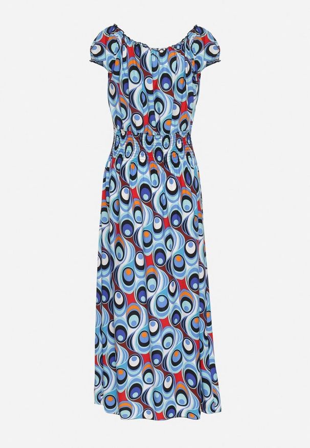 Born2be - Niebieska Sukienka z Geometrycznym Wzorem i Hiszpańskim Dekoltem Tosile. Okazja: na co dzień. Kolor: niebieski. Długość rękawa: długi rękaw. Wzór: geometria. Sezon: lato. Styl: klasyczny, casual, elegancki