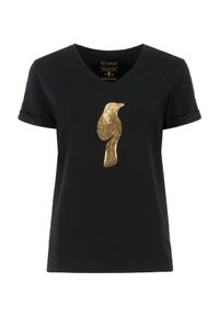 Ochnik - Czarny T-shirt damski z aplikacją wilgi. Okazja: na co dzień. Kolor: czarny. Materiał: bawełna. Długość: krótkie. Wzór: aplikacja. Styl: casual #3