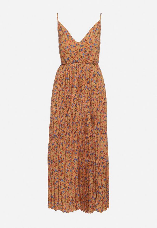 Born2be - Żółta Kwiatowa Sukienka na Ramiączkach z Plisowaną Spódnicą i Kopertową Górą Pyralia. Okazja: na co dzień. Typ kołnierza: dekolt kopertowy, dekolt w kształcie V. Kolor: żółty. Długość rękawa: na ramiączkach. Wzór: kwiaty. Typ sukienki: kopertowe. Styl: wizytowy, casual, elegancki