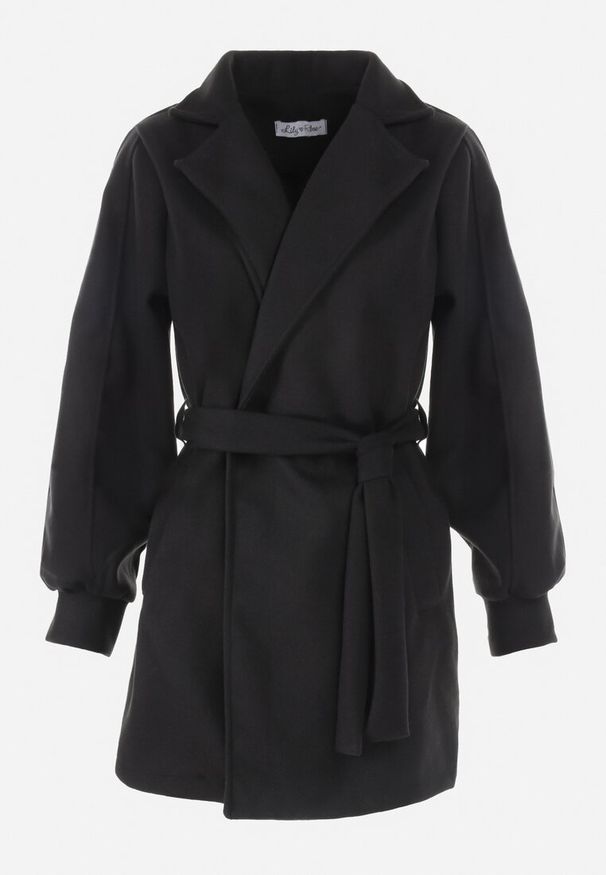 Born2be - Czarny Płaszcz z Wiązanym Paskiem i Bufiastym Rękawem Imgrucu. Typ kołnierza: kołnierzyk stójkowy. Kolor: czarny. Materiał: jeans, tkanina. Długość: długie. Sezon: jesień, wiosna