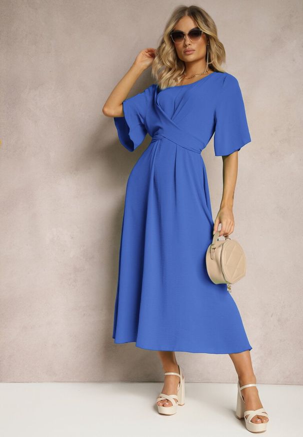 Renee - Granatowa Rozkloszowana Sukienka Maxi z Szerokim Rękawem i Gumką w Pasie Sador. Kolor: niebieski. Długość: maxi