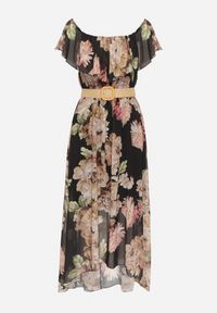 Born2be - Czarna Sukienka Typu Hiszpanka w Kwiaty z Paskiem Sademire. Okazja: na co dzień. Typ kołnierza: dekolt hiszpanka. Kolor: czarny. Wzór: kwiaty. Styl: casual #4