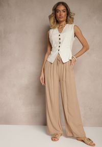 Renee - Ciemnobeżowe Szerokie Spodnie z Wiskozy High Waist Naivella. Stan: podwyższony. Kolor: beżowy. Materiał: wiskoza. Sezon: lato