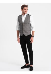 Ombre Clothing - Męska kamizelka SLIM FIT z łączonych materiałów w kratkę – grafitowa V2. Kolor: szary. Materiał: materiał. Wzór: kratka #5