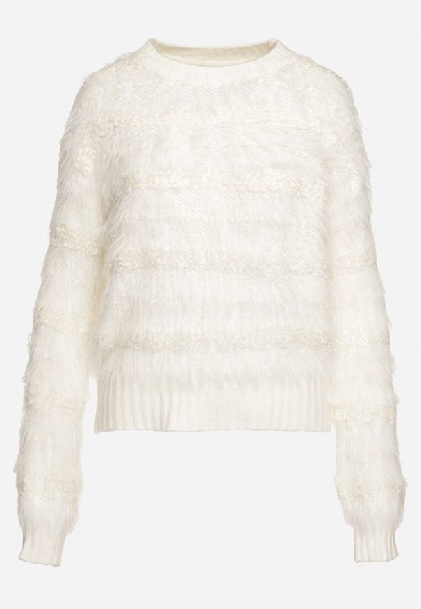 Born2be - Biały Puchaty Sweter z Wełną i Ściągaczami Exenevia. Okazja: na co dzień. Kolor: biały. Materiał: wełna. Styl: casual