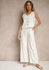 Renee - Biały Komplet z Bawełny Bluzka z Guzikami Szerokie Spodnie z Gumką w Talii Floricella. Kolor: biały. Materiał: bawełna #4